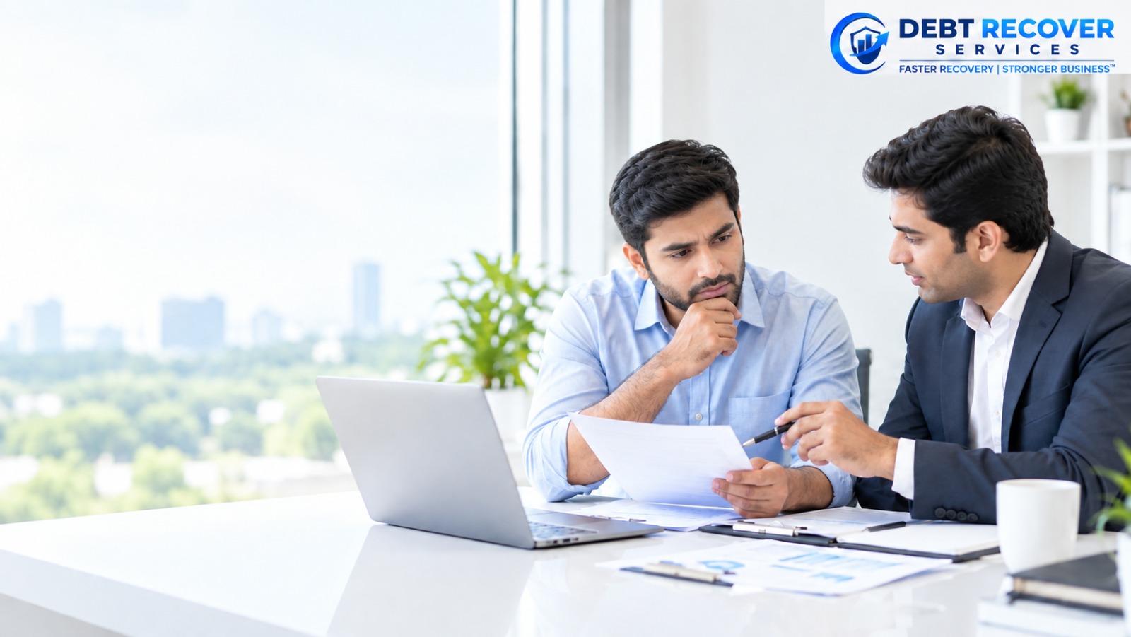 Legal professional reviewing debt recovery documents